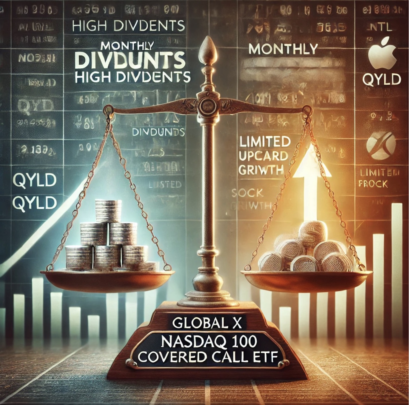 Global X NASDAQ 100 Covered Call ETF（QYLD）の仕組みを表したイメージです。バランススケールで、一方に「高配当」を示すコインの山、もう一方に「上昇が制限された株価」を示す矢印付きの株価が描かれ、QYLDのカバードコール戦略の特徴をわかりやすく表現しています。背景には、NASDAQ100に連動するテクノロジー企業のロゴが薄く描かれています。