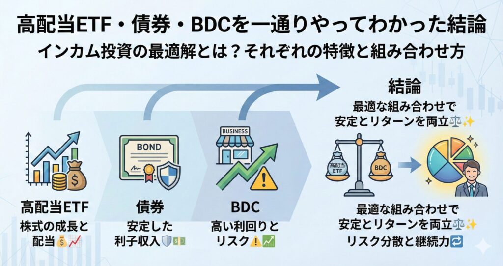 高配当ETF・債券・BDCを一通りやってわかった結論｜QYLD・HDV・SPYD・VYM・HYG・AGG・ARCC