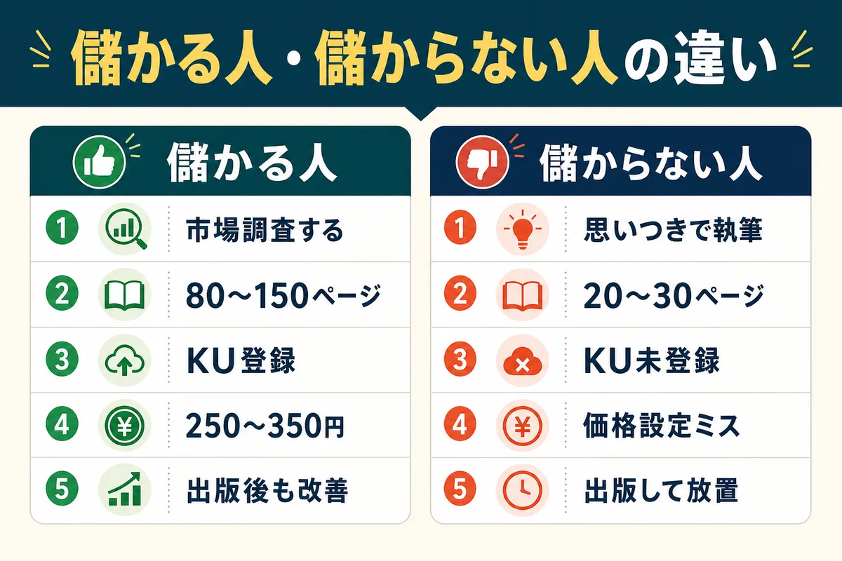 Kindle出版で儲かる人と儲からない人の違いを比較した図解